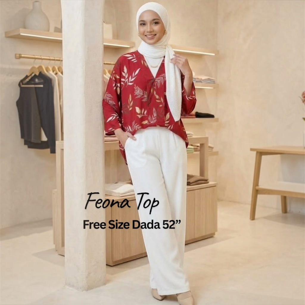 Feona Top Floral Printed, Top Baggy Printed, Free Size, Loose Cutting